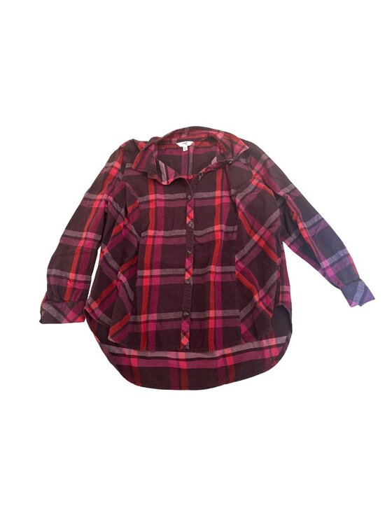 Terra & Sky Tops - Terra & Sky Womens 1X Shirt Top Plaid Button-Up Long Sleeve Red & Purple Casual